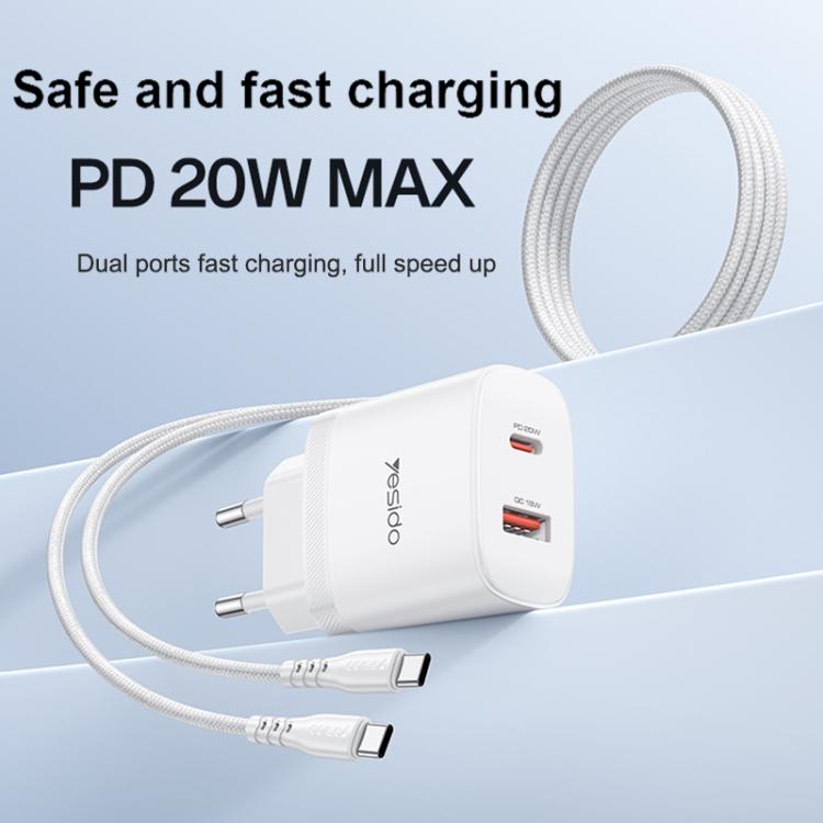 Conjunto de Carregador Yesido YC106 PD20W USB-C / Tipo-C e QC18W USB-A com Duas Portas com Cabo Tipo-C para Tipo-C, YC106