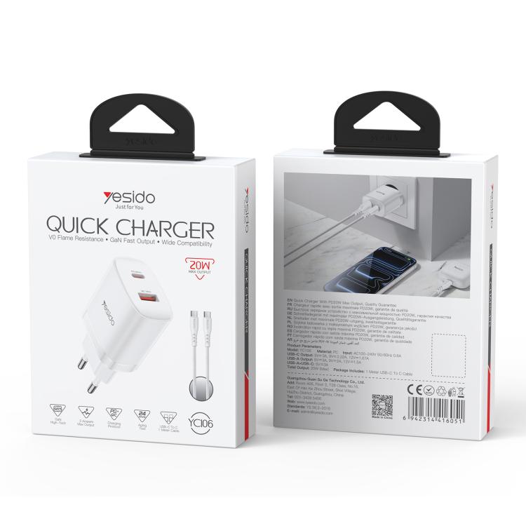Conjunto de Carregador Yesido YC106 PD20W USB-C / Tipo-C e QC18W USB-A com Duas Portas com Cabo Tipo-C para Tipo-C, YC106