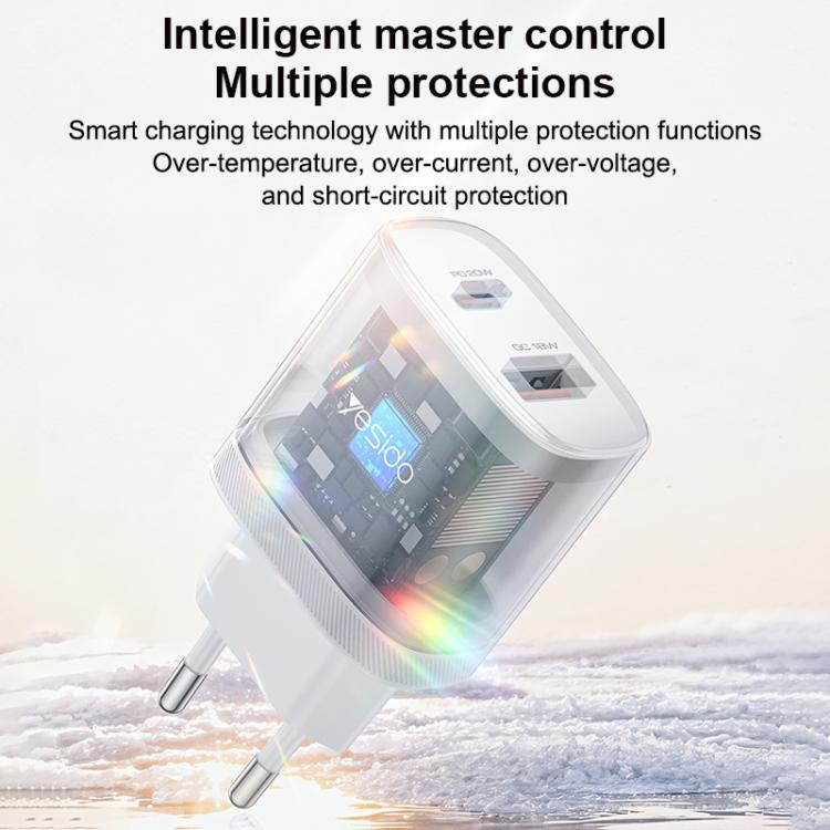 Conjunto de Carregador Yesido YC106 PD20W USB-C / Tipo-C e QC18W USB-A com Duas Portas com Cabo Tipo-C para Tipo-C, YC106