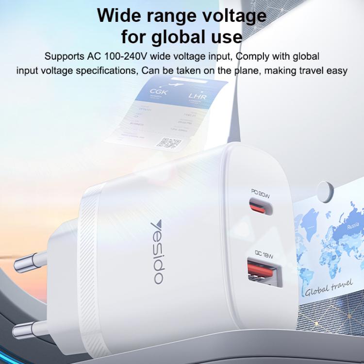 Conjunto de Carregador Yesido YC106 PD20W USB-C / Tipo-C e QC18W USB-A com Duas Portas com Cabo Tipo-C para Tipo-C, YC106