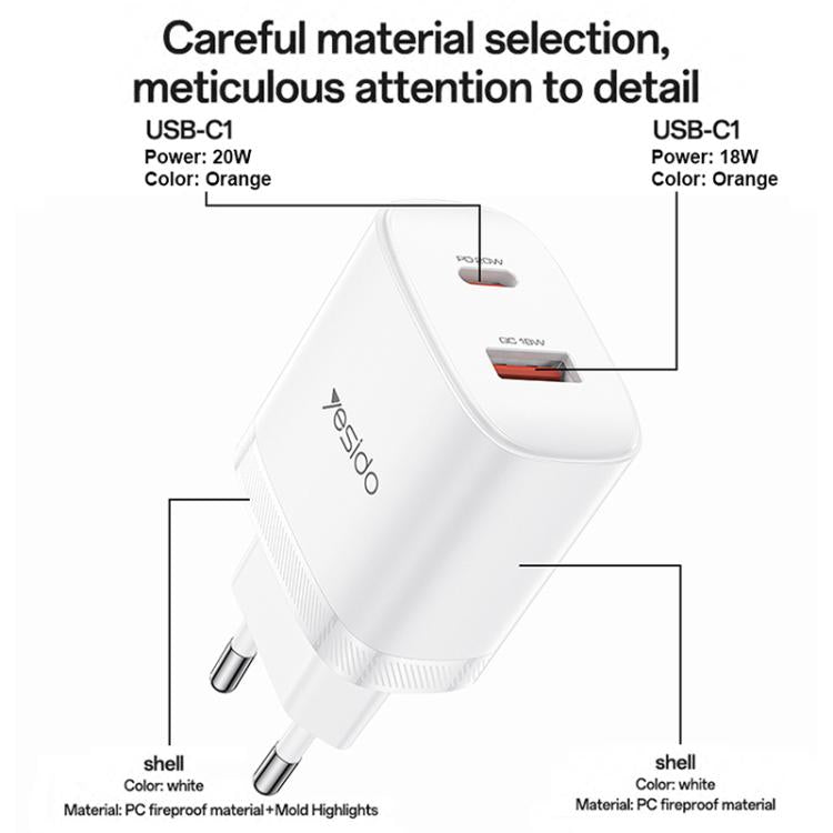 Conjunto de Carregador Yesido YC106 PD20W USB-C / Tipo-C e QC18W USB-A com Duas Portas com Cabo Tipo-C para Tipo-C, YC106