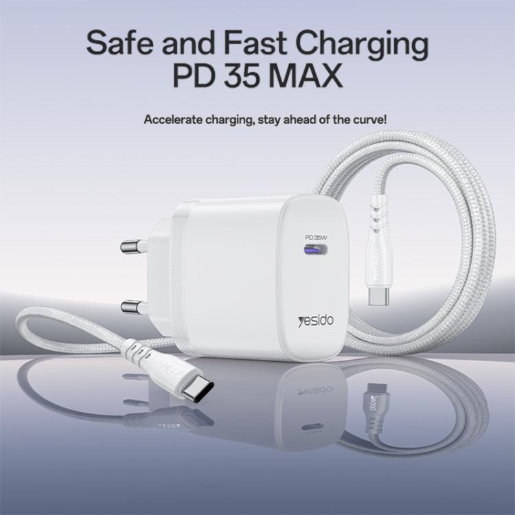 Conjunto de Carregador Rápido Yesido YC107 PD35W USB-C / Tipo-C com Porta Única com Cabo Tipo-C para Tipo-C, YC107