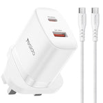 Conjunto de Carregador Yesido YC152 PD20W USB-C / Tipo-C e QC18W USB-A com Duas Portas com Cabo Tipo-C para Tipo-C, YC152