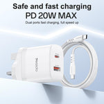 Conjunto de Carregador Yesido YC152 PD20W USB-C / Tipo-C e QC18W USB-A com Duas Portas com Cabo Tipo-C para Tipo-C, YC152