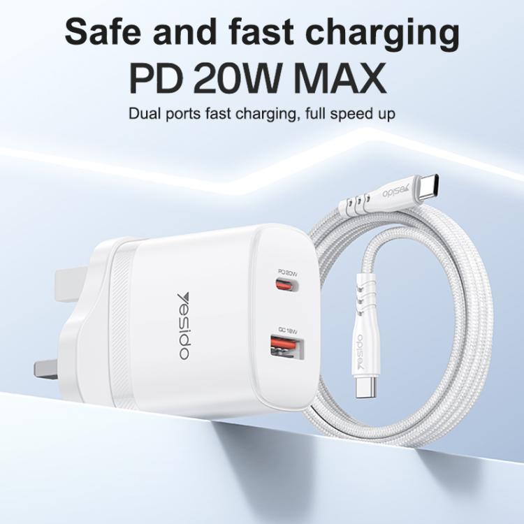 Conjunto de Carregador Yesido YC152 PD20W USB-C / Tipo-C e QC18W USB-A com Duas Portas com Cabo Tipo-C para Tipo-C, YC152