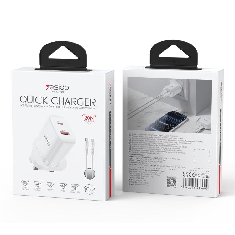 Conjunto de Carregador Yesido YC152 PD20W USB-C / Tipo-C e QC18W USB-A com Duas Portas com Cabo Tipo-C para Tipo-C, YC152