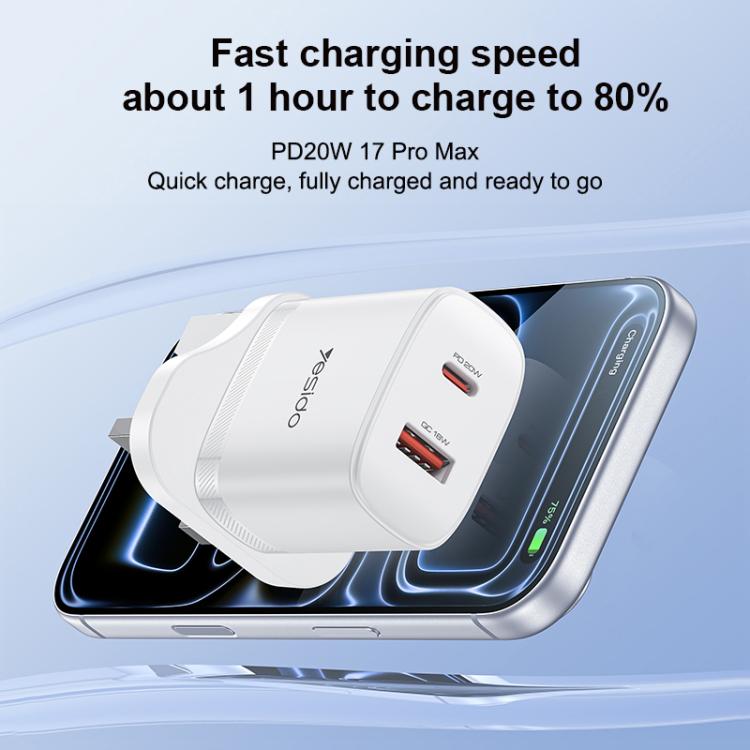 Conjunto de Carregador Yesido YC152 PD20W USB-C / Tipo-C e QC18W USB-A com Duas Portas com Cabo Tipo-C para Tipo-C, YC152