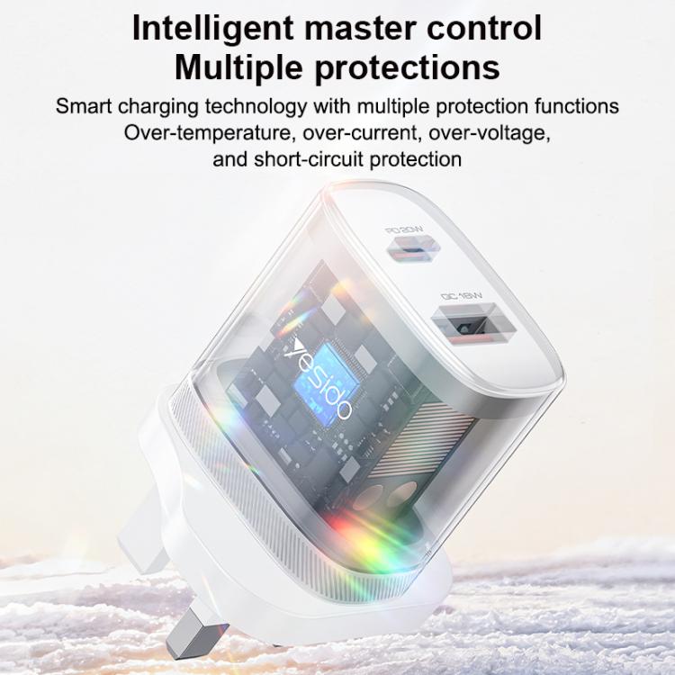 Conjunto de Carregador Yesido YC152 PD20W USB-C / Tipo-C e QC18W USB-A com Duas Portas com Cabo Tipo-C para Tipo-C, YC152