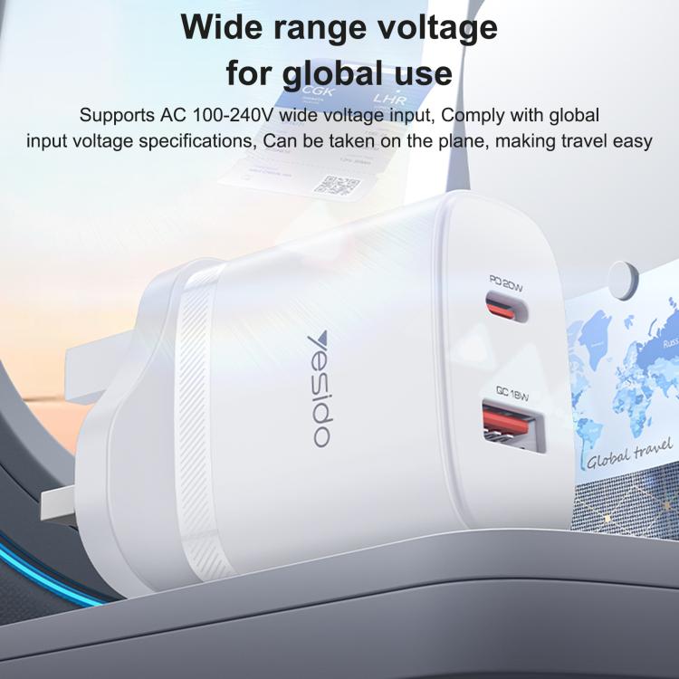Conjunto de Carregador Yesido YC152 PD20W USB-C / Tipo-C e QC18W USB-A com Duas Portas com Cabo Tipo-C para Tipo-C, YC152