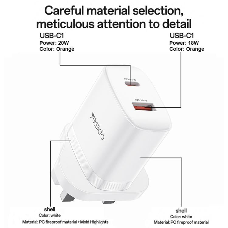 Conjunto de Carregador Yesido YC152 PD20W USB-C / Tipo-C e QC18W USB-A com Duas Portas com Cabo Tipo-C para Tipo-C, YC152