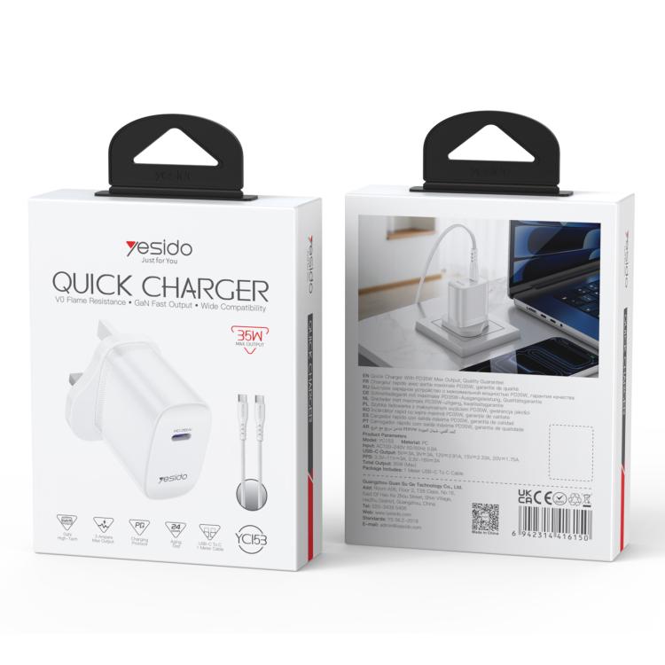 Conjunto de Carregador Rápido Yesido YC153 PD35W USB-C / Tipo-C com Porta Única com Cabo Tipo-C para Tipo-C, YC153