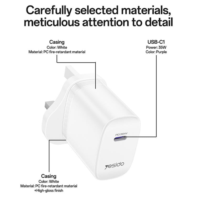 Conjunto de Carregador Rápido Yesido YC153 PD35W USB-C / Tipo-C com Porta Única com Cabo Tipo-C para Tipo-C, YC153