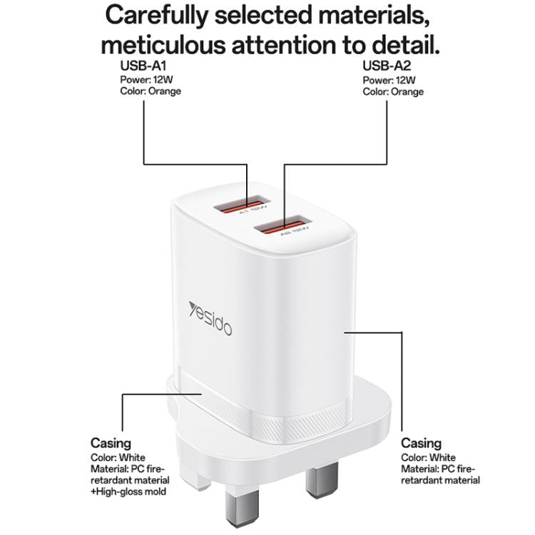 Yesido YC150 12W 2.4A Carregador com Dupla Porta USB com Cabo de Dados USB para Type-C de 1m, YC150