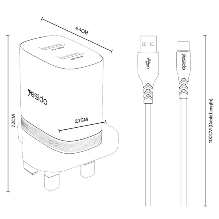 Yesido YC150 12W 2.4A Carregador com Dupla Porta USB com Cabo de Dados USB para Type-C de 1m, YC150