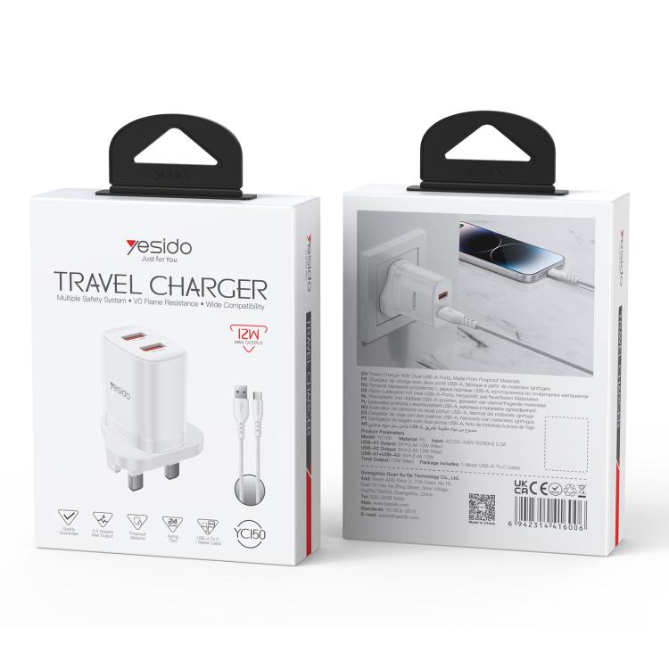 Yesido YC150 12W 2.4A Carregador com Dupla Porta USB com Cabo de Dados USB para Type-C de 1m, YC150