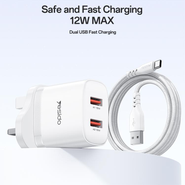 Yesido YC150 12W 2.4A Carregador com Dupla Porta USB com Cabo de Dados USB para Type-C de 1m, YC150