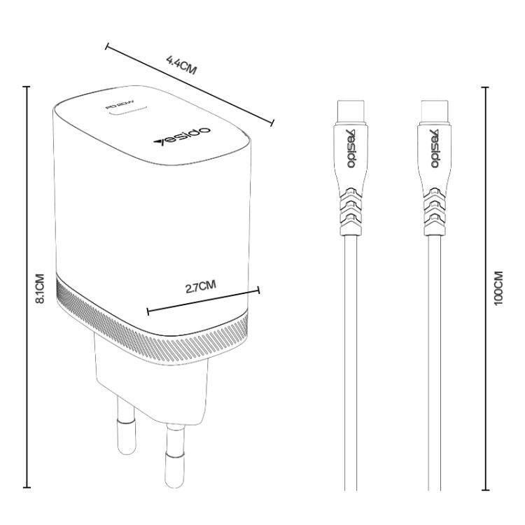 Yesido YC105 PD20W Carregador Type-C com Cabo de Dados Type-C para Type-C de 1m, YC105