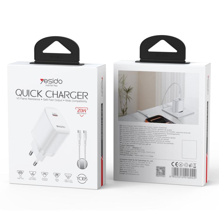 Yesido YC105 PD20W Carregador Type-C com Cabo de Dados Type-C para Type-C de 1m, YC105