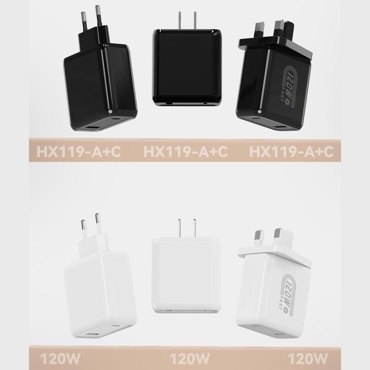 HX119 Carregador Rápido USB e Type-C com Dupla Interface de 120W, Ficha EU, Ficha UK, Ficha US