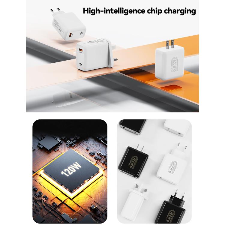 HX119 Carregador Rápido USB e Type-C com Dupla Interface de 120W, Ficha EU, Ficha UK, Ficha US