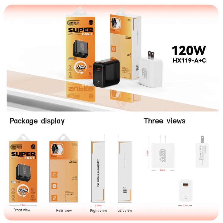 HX119 Carregador Rápido USB e Type-C com Dupla Interface de 120W, Ficha EU, Ficha UK, Ficha US