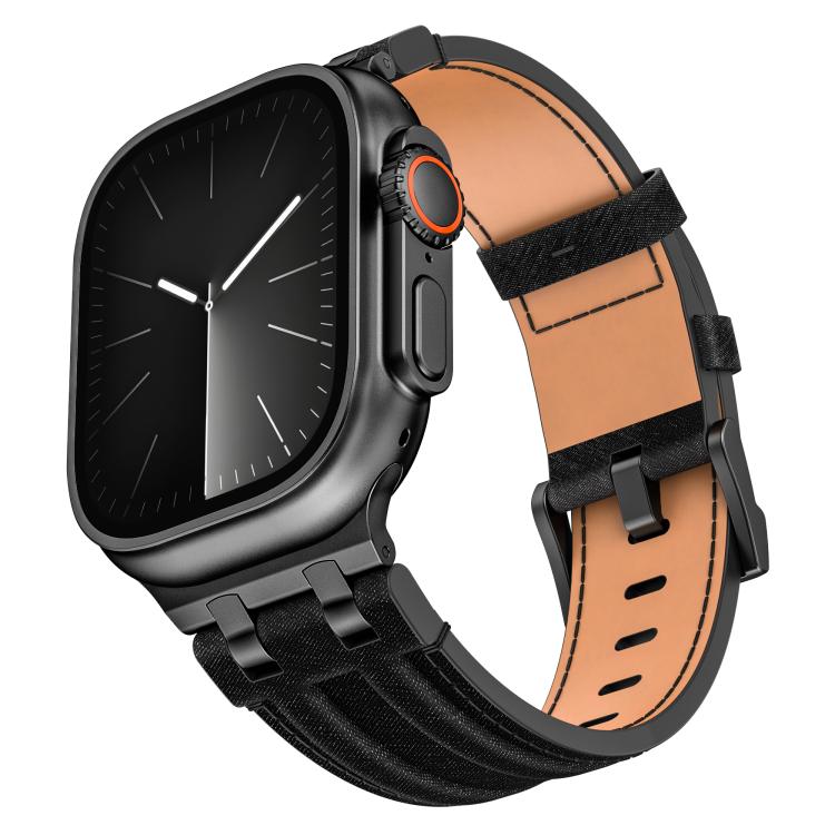 Correia de relógio em pele vegana com costura de ganga, para Apple Watch 46mm / 49mm / 45mm / 44mm