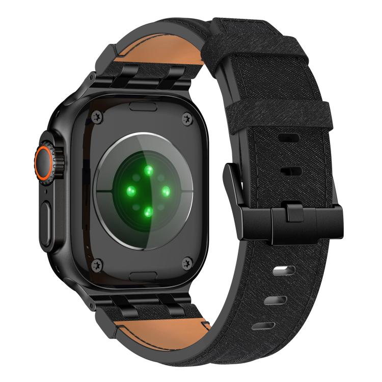 Correia de relógio em pele vegana com costura de ganga, para Apple Watch 46mm / 49mm / 45mm / 44mm