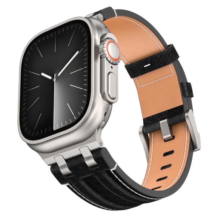 Correia de relógio em pele vegana com costura de ganga, para Apple Watch 46mm / 49mm / 45mm / 44mm
