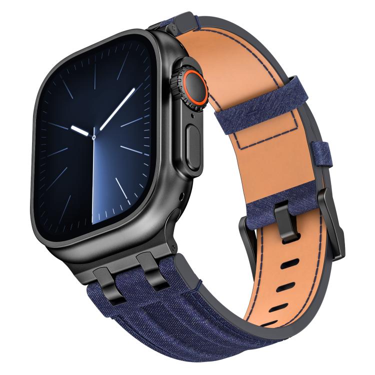 Correia de relógio em pele vegana com costura de ganga, para Apple Watch 46mm / 49mm / 45mm / 44mm