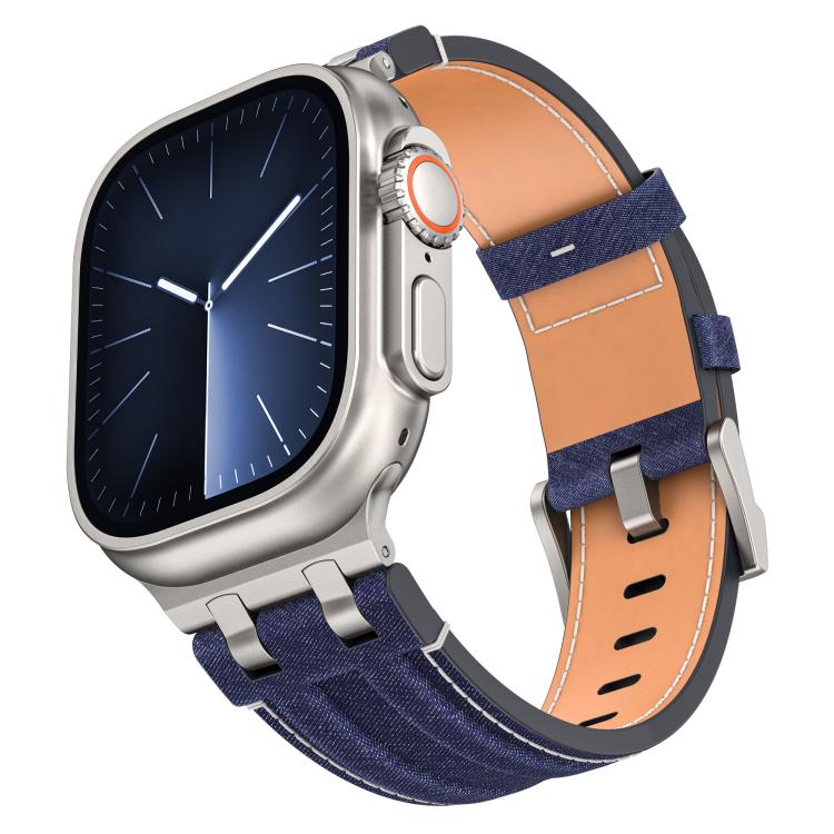 Correia de relógio em pele vegana com costura de ganga, para Apple Watch 46mm / 49mm / 45mm / 44mm