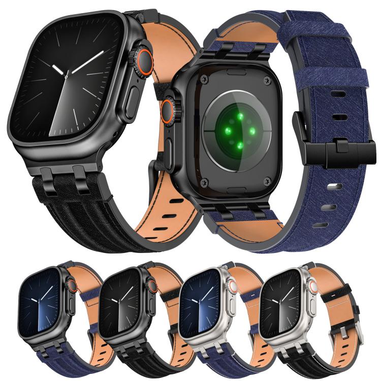 Correia de relógio em pele vegana com costura de ganga, para Apple Watch 46mm / 49mm / 45mm / 44mm