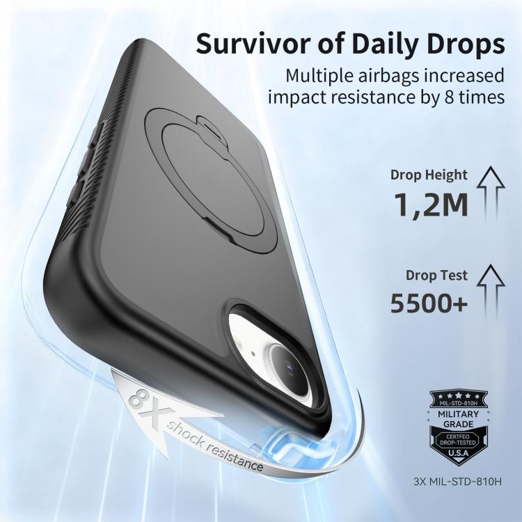 Capa de telemóvel magnética com suporte giratório 360 e airbag anti-impactos, para iPhone 16e / 17e, para iPhone 17 Pro Max, para iPhone 17 Pro, para iPhone 17, para iPhone Air, para iPhone 16 Pro Max, para iPhone 16