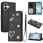 Capa de Telefone em Pele Vegana Floral com Coração de Dupla Camada ZS01 com Alça de Pulso, Para iPhone 17e / 16e, Para iPhone 17 Pro Max, Para iPhone 17 Pro, Para iPhone 17, Para iPhone Air, Para iPhone 16 Pro Max