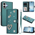 Capa de Telefone em Pele Vegana Floral com Coração de Dupla Camada ZS01 com Alça de Pulso, Para iPhone 17e / 16e, Para iPhone 17 Pro Max, Para iPhone 17 Pro, Para iPhone 17, Para iPhone Air, Para iPhone 16 Pro Max
