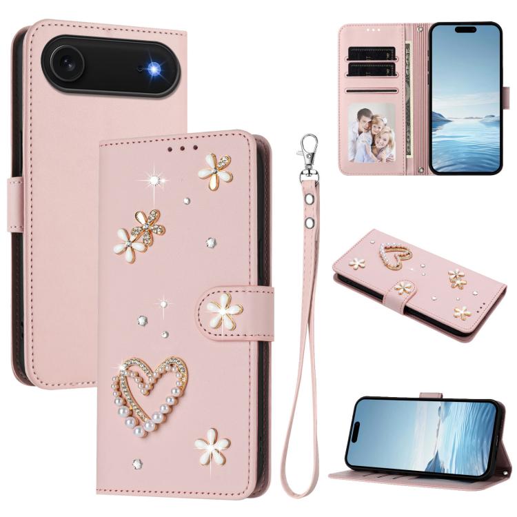 Capa de Telefone em Pele Vegana Floral com Coração de Dupla Camada ZS01 com Alça de Pulso, Para iPhone 17e / 16e, Para iPhone 17 Pro Max, Para iPhone 17 Pro, Para iPhone 17, Para iPhone Air, Para iPhone 16 Pro Max