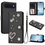 Capa de Telefone em Pele Vegana Floral com Coração de Dupla Camada ZS01 com Alça de Pulso, Para iPhone 17e / 16e, Para iPhone 17 Pro Max, Para iPhone 17 Pro, Para iPhone 17, Para iPhone Air, Para iPhone 16 Pro Max