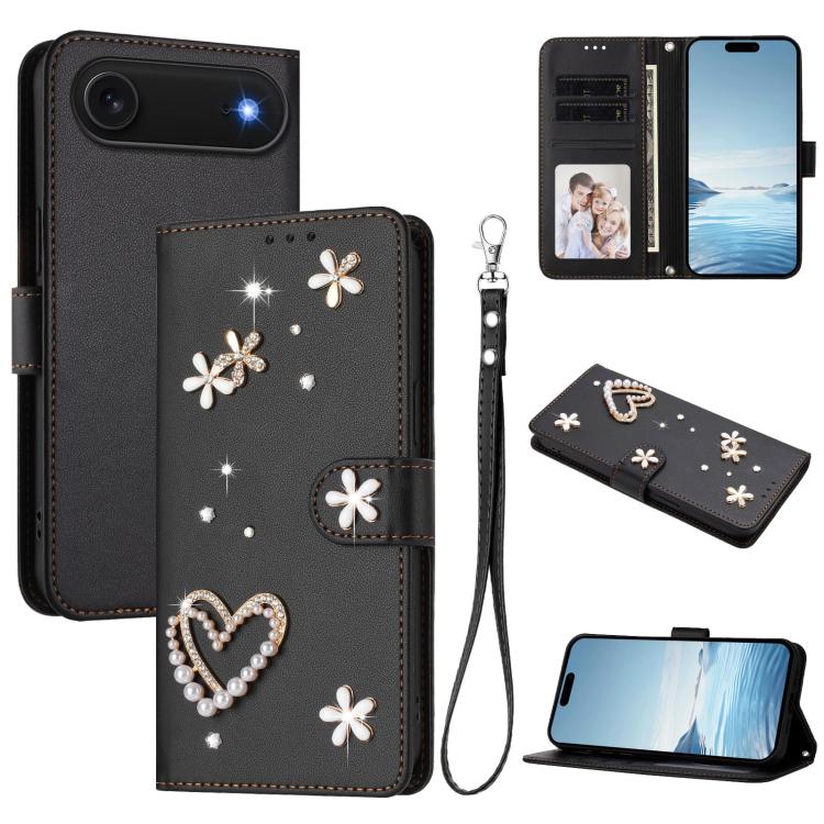 Capa de Telefone em Pele Vegana Floral com Coração de Dupla Camada ZS01 com Alça de Pulso, Para iPhone 17e / 16e, Para iPhone 17 Pro Max, Para iPhone 17 Pro, Para iPhone 17, Para iPhone Air, Para iPhone 16 Pro Max