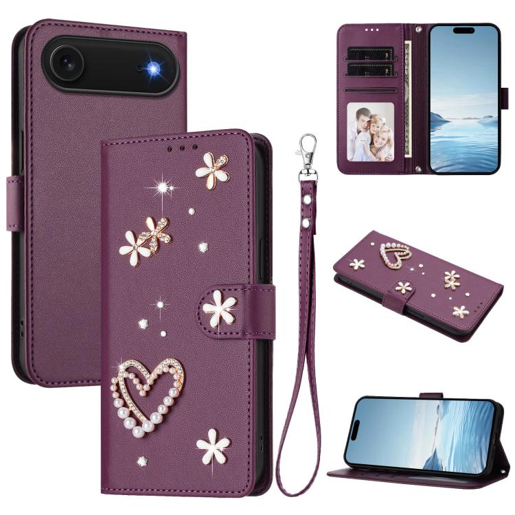 Capa de Telefone em Pele Vegana Floral com Coração de Dupla Camada ZS01 com Alça de Pulso, Para iPhone 17e / 16e, Para iPhone 17 Pro Max, Para iPhone 17 Pro, Para iPhone 17, Para iPhone Air, Para iPhone 16 Pro Max