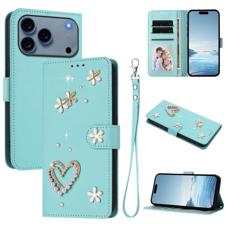 Capa de Telefone em Pele Vegana Floral com Coração de Dupla Camada ZS01 com Alça de Pulso, Para iPhone 17e / 16e, Para iPhone 17 Pro Max, Para iPhone 17 Pro, Para iPhone 17, Para iPhone Air, Para iPhone 16 Pro Max