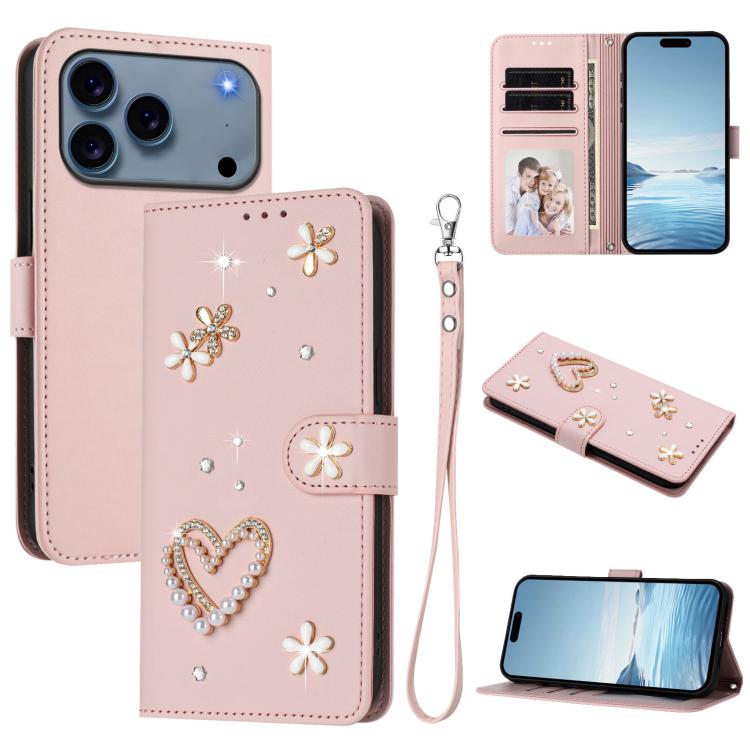 Capa de Telefone em Pele Vegana Floral com Coração de Dupla Camada ZS01 com Alça de Pulso, Para iPhone 17e / 16e, Para iPhone 17 Pro Max, Para iPhone 17 Pro, Para iPhone 17, Para iPhone Air, Para iPhone 16 Pro Max