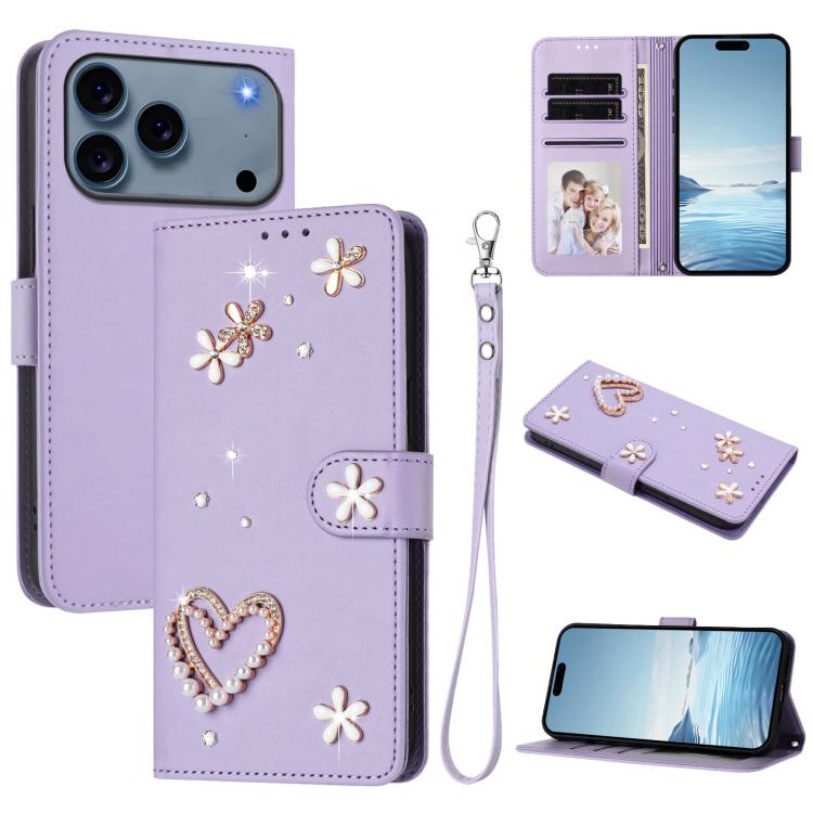 Capa de Telefone em Pele Vegana Floral com Coração de Dupla Camada ZS01 com Alça de Pulso, Para iPhone 17e / 16e, Para iPhone 17 Pro Max, Para iPhone 17 Pro, Para iPhone 17, Para iPhone Air, Para iPhone 16 Pro Max