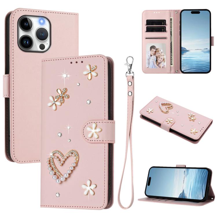 Capa de Telefone em Pele Vegana Floral com Coração de Dupla Camada ZS01 com Alça de Pulso, Para iPhone 17e / 16e, Para iPhone 17 Pro Max, Para iPhone 17 Pro, Para iPhone 17, Para iPhone Air, Para iPhone 16 Pro Max