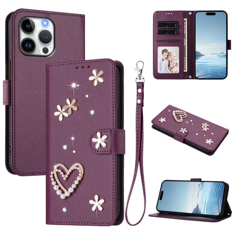 Capa de Telefone em Pele Vegana Floral com Coração de Dupla Camada ZS01 com Alça de Pulso, Para iPhone 17e / 16e, Para iPhone 17 Pro Max, Para iPhone 17 Pro, Para iPhone 17, Para iPhone Air, Para iPhone 16 Pro Max