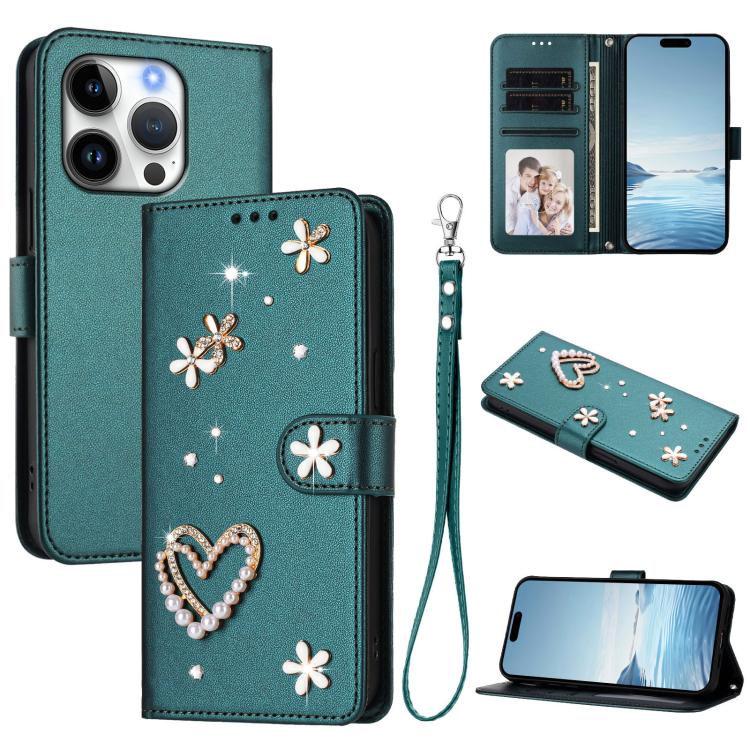 Capa de telemóvel em pele vegana dupla camada com padrão floral em forma de coração e alça de pulso ZS01, para iPhone 16 Pro, para iPhone 16 Plus, para iPhone 16, para iPhone 15 Pro Max, para iPhone 15 Pro, para iPhone 15 Plus