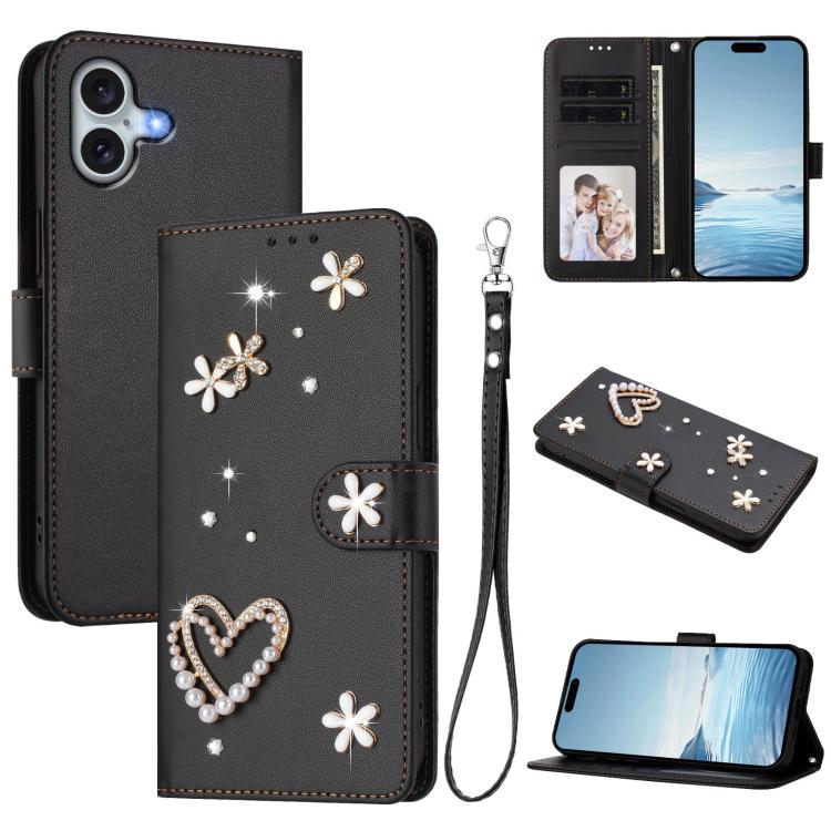 Capa de telemóvel em pele vegana dupla camada com padrão floral em forma de coração e alça de pulso ZS01, para iPhone 16 Pro, para iPhone 16 Plus, para iPhone 16, para iPhone 15 Pro Max, para iPhone 15 Pro, para iPhone 15 Plus