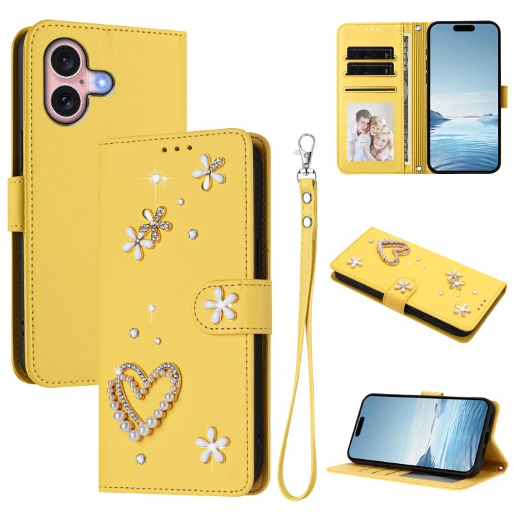 Capa de telemóvel em pele vegana dupla camada com padrão floral em forma de coração e alça de pulso ZS01, para iPhone 16 Pro, para iPhone 16 Plus, para iPhone 16, para iPhone 15 Pro Max, para iPhone 15 Pro, para iPhone 15 Plus