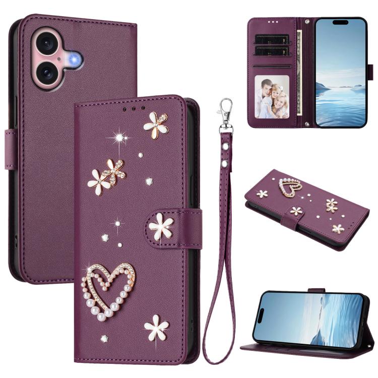 Capa de telemóvel em pele vegana dupla camada com padrão floral em forma de coração e alça de pulso ZS01, para iPhone 16 Pro, para iPhone 16 Plus, para iPhone 16, para iPhone 15 Pro Max, para iPhone 15 Pro, para iPhone 15 Plus