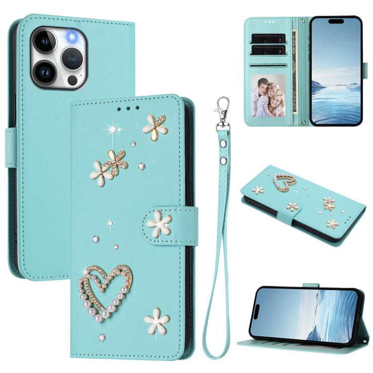 Capa de telemóvel em pele vegana dupla camada com padrão floral em forma de coração e alça de pulso ZS01, para iPhone 16 Pro, para iPhone 16 Plus, para iPhone 16, para iPhone 15 Pro Max, para iPhone 15 Pro, para iPhone 15 Plus