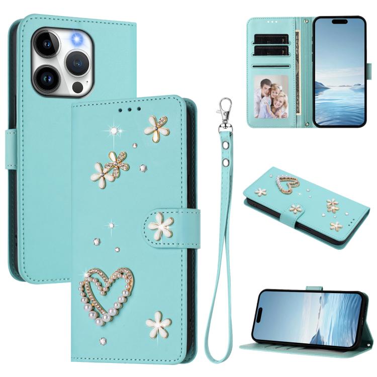 Capa de telemóvel em pele vegana dupla camada com padrão floral em forma de coração e alça de pulso ZS01, para iPhone 16 Pro, para iPhone 16 Plus, para iPhone 16, para iPhone 15 Pro Max, para iPhone 15 Pro, para iPhone 15 Plus