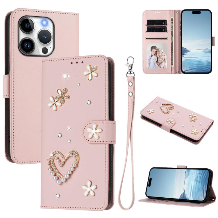 Capa de telemóvel em pele vegana dupla camada com padrão floral em forma de coração e alça de pulso ZS01, para iPhone 16 Pro, para iPhone 16 Plus, para iPhone 16, para iPhone 15 Pro Max, para iPhone 15 Pro, para iPhone 15 Plus
